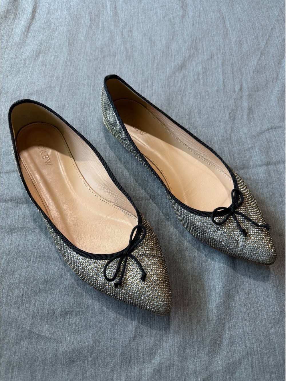 J.Crew Women's Size 8 Gemma Glitter Ballet Flats Silver & Gold Black Trim